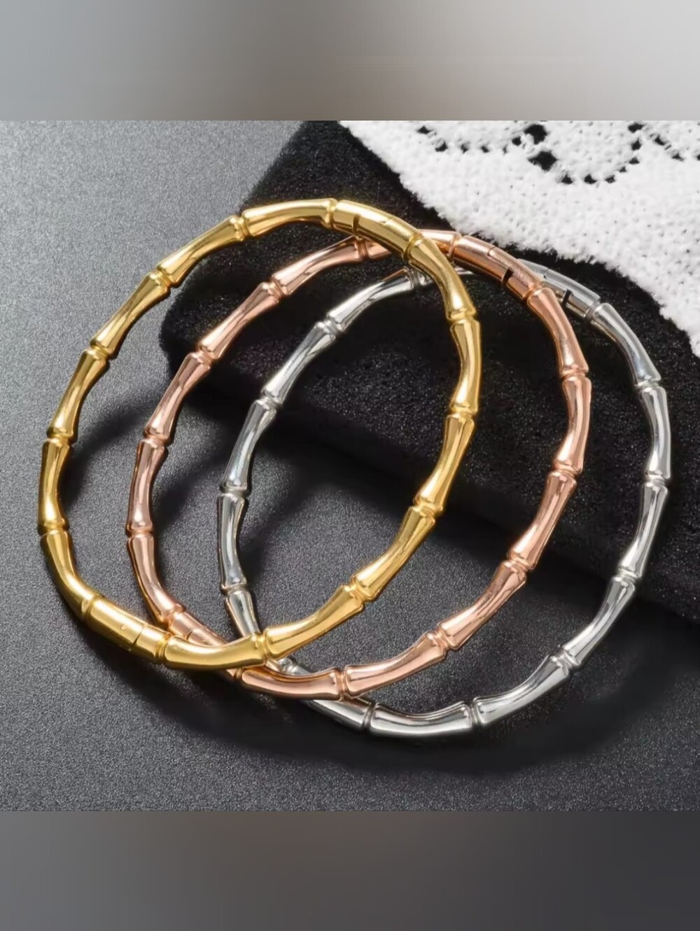 Tri Gold Rhodium Bamboo Bangle Bracelet Set